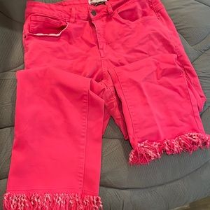 Hot pink boyfriend frayed hem jeans